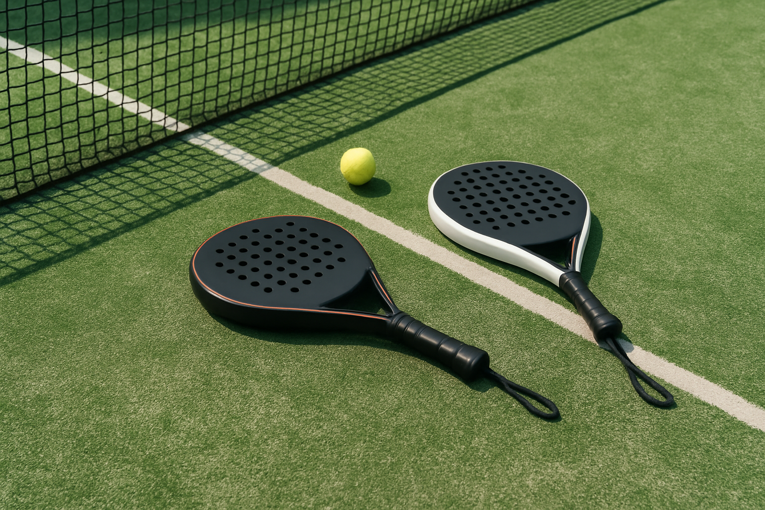 Zwei Padelschläger auf einen grünen Boden mit Padelball neben dem Netz